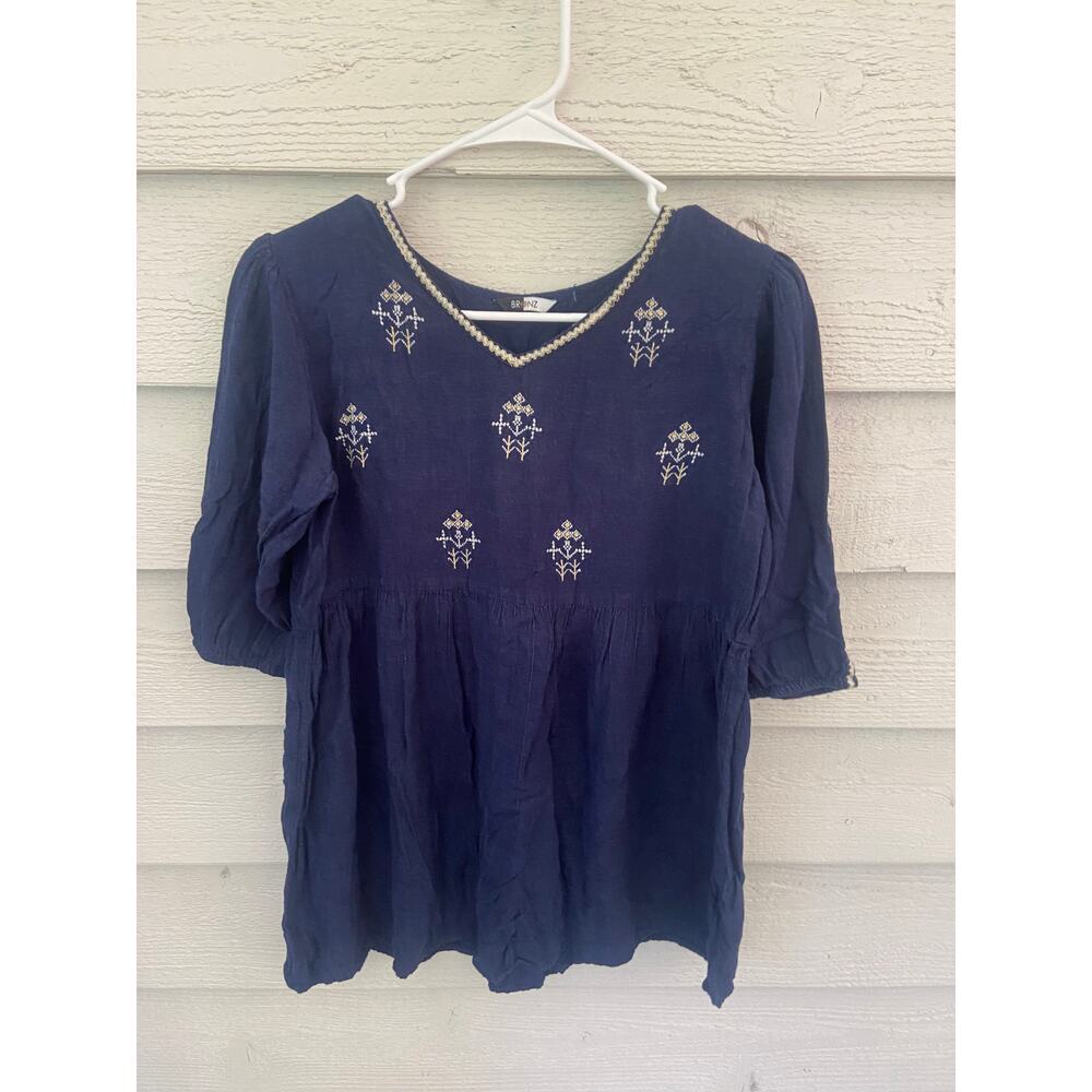 Bronz Navy Embroidered Peasant Top Boho 3/4 Sleeve Babydoll Blouse Size Medium - Picture 3 of 6